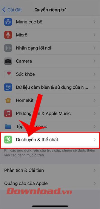 Nhấn vào mục Di chuyển & Hoạt động thể chất