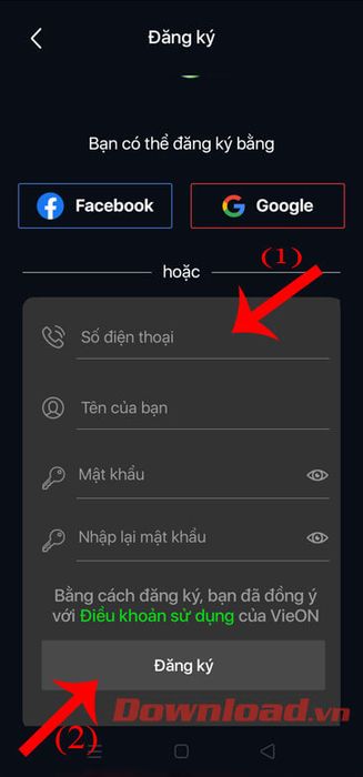 Điền số điện thoại, họ tên, và mật khẩu, sau đó nhấn nút Đăng ký.