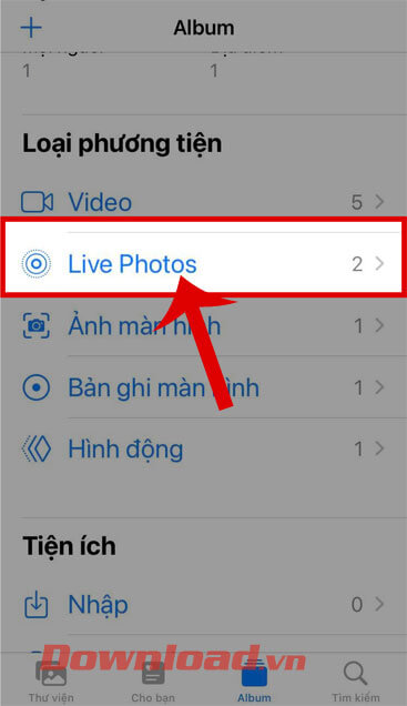 Ấn vào mục Live Photo