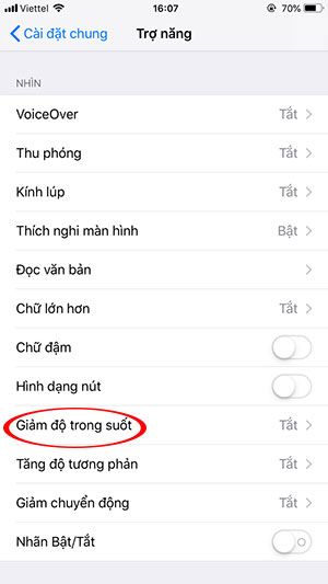 Mở Tính Năng Giảm Độ Trong Suốt