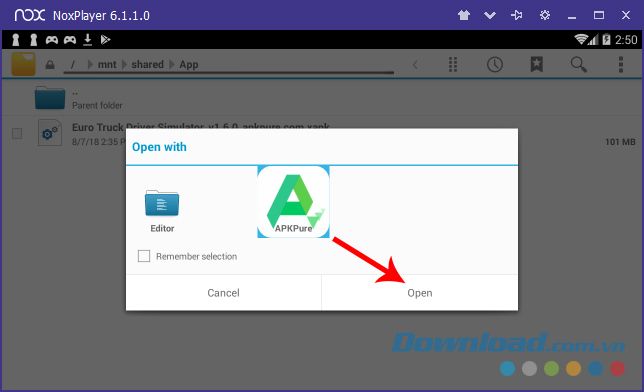 Nhấp vào Mở để cài đặt file XAPK trên giả lập Android