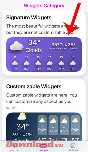 Chọn loại widget