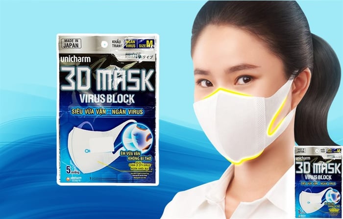 Túi 5 cái khẩu trang Unicharm 3D Mask ngăn virus 3 lớp