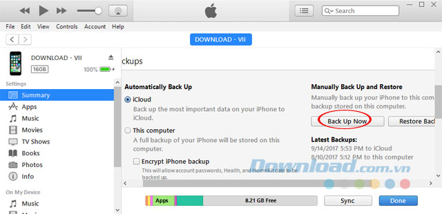 Nhấn vào Backup Now trên iTunes