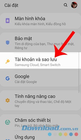 Chọn Tài khoản và Sao lưu