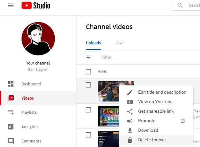 Di chuột vào video muốn xóa, click vào nút ba chấm và chọn Delete Forever