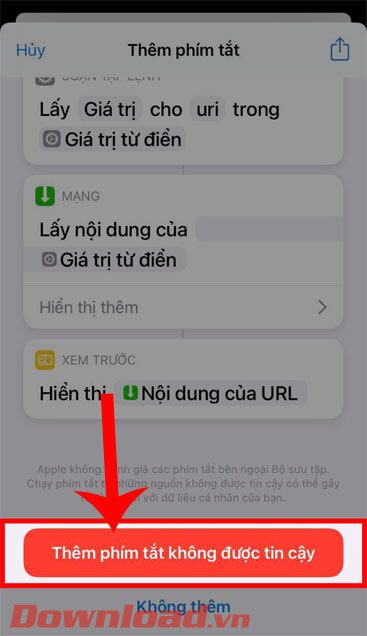 Chạm vào nút Thêm phím tắt không đáng tin cậy