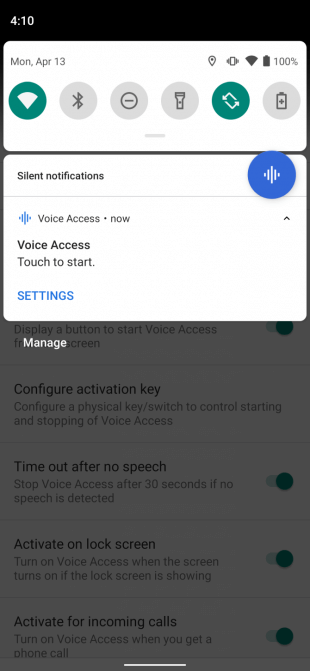 Menu thiết lập Voice Access