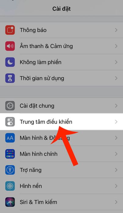 Chọn mục Trung tâm điều khiển