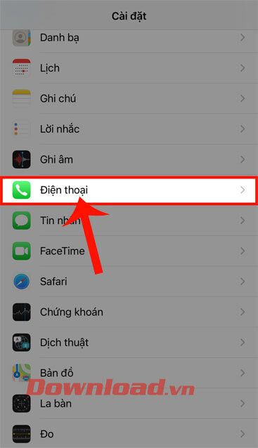 Chạm vào mục Điện thoại 