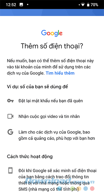 Chấp nhận các điều khoản của Google