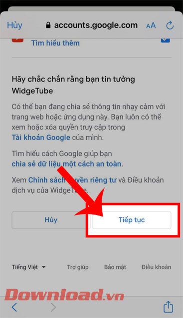 Chạm vào nút Tiếp tục