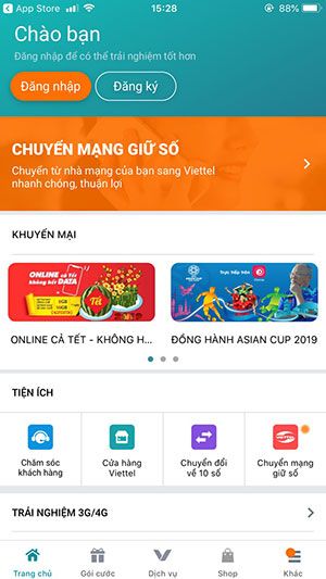 Giao diện chính của ứng dụng My Viettel