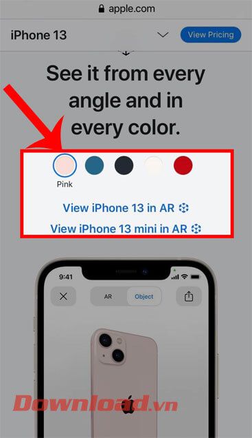 Nhấn vào mục Xem iPhone 13 trong AR hoặc mục Xem iPhone 13 mini trong AR.