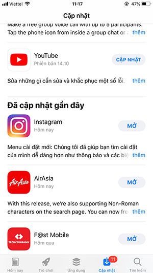 Sau khi cập nhật ứng dụng