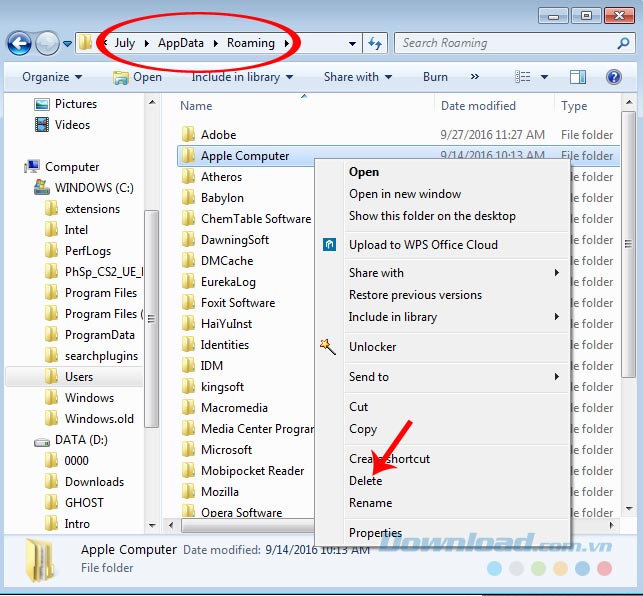 Xóa Apple Computer trong thư mục Roaming