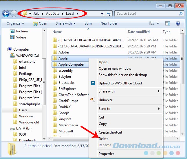 Xóa thư mục Apple trong AppData