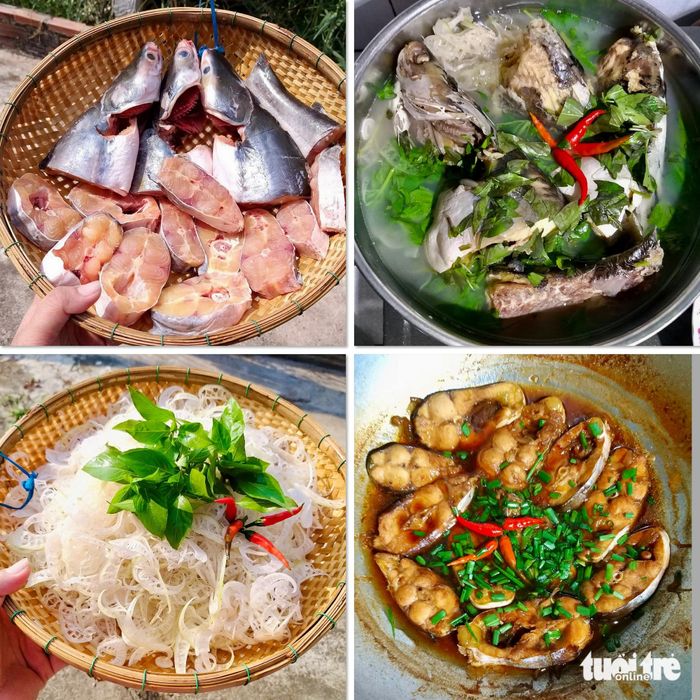 Cá tra đã được làm sạch, cây chuối non được xắt mỏng để nấu canh chua, thêm lá quế và ớt, ăn kèm với cá kho - Ảnh: ĐẶNG TUYẾT