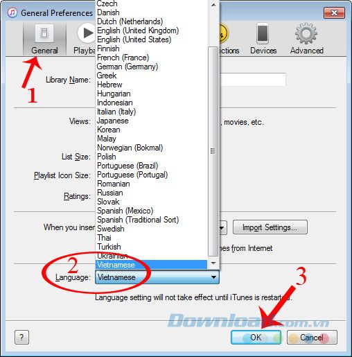 Lựa chọn ngôn ngữ mới cho iTunes
