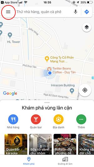 Giao diện chính của ứng dụng Google Maps