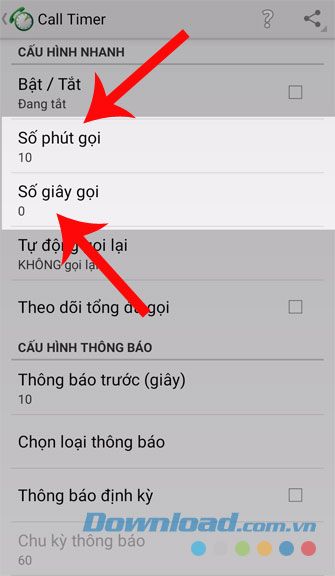 Chạm vào Số phút gọi và Số giây gọi