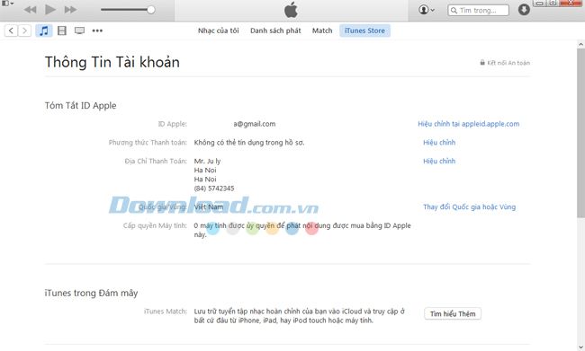Thông tin người dùng trên iTunes