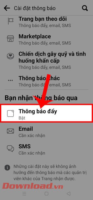 Chọn mục Thông báo đẩy