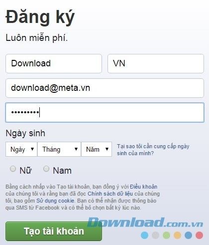 Nhập đủ thông tin đăng ký Facebook