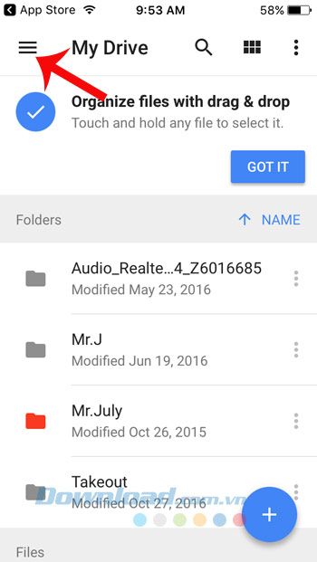 Chạm vào Menu Google Drive