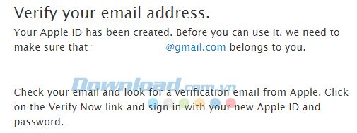 Yêu cầu kiểm tra email để xác nhận tài khoản Apple ID đã được tạo