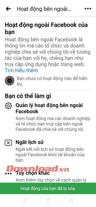 Tính năng theo dõi hoạt động bên ngoài Facebook đã bị tắt