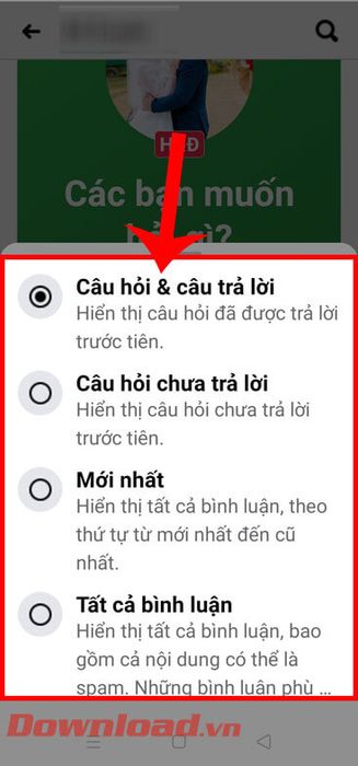 Chọn chế độ hiển thị câu hỏi