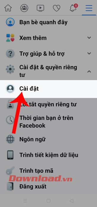 Chạm vào mục Cài đặt