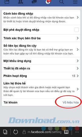 Vô hiệu hóa tài khoản Facebook