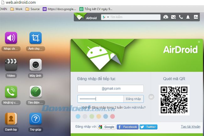 Trang chính của Airdroid trên máy tính