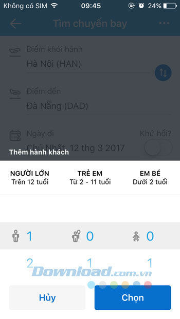 Chọn số lượng hành khách