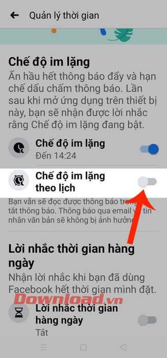 Kéo công tắt tại phần Chế độ im lặng theo lịch