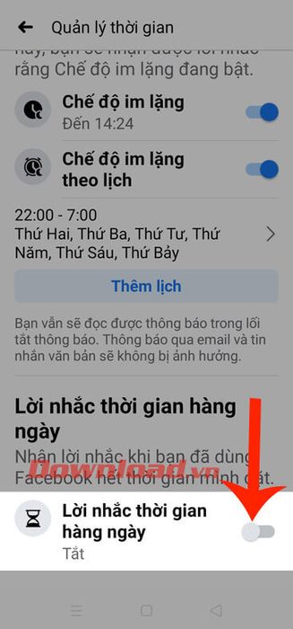 Kích hoạt công tắc tại phần Lời nhắc thời gian hàng ngày