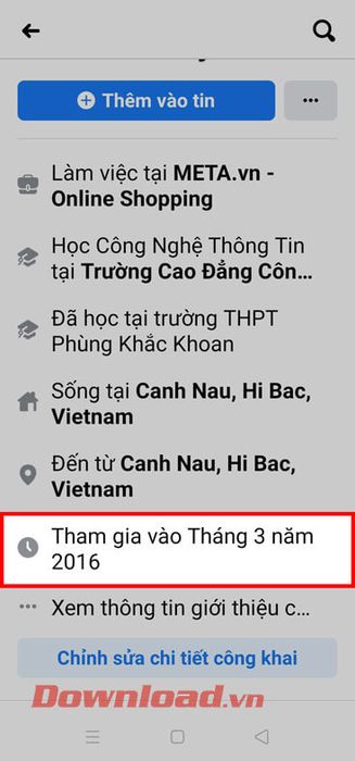 Đã thêm thời gian gia nhập Facebook vào trang cá nhân