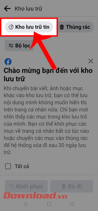 Chạm vào mục Kho lưu trữ tin