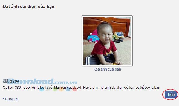 Nhấn Tiếp sau khi thêm ảnh Facebook thành công