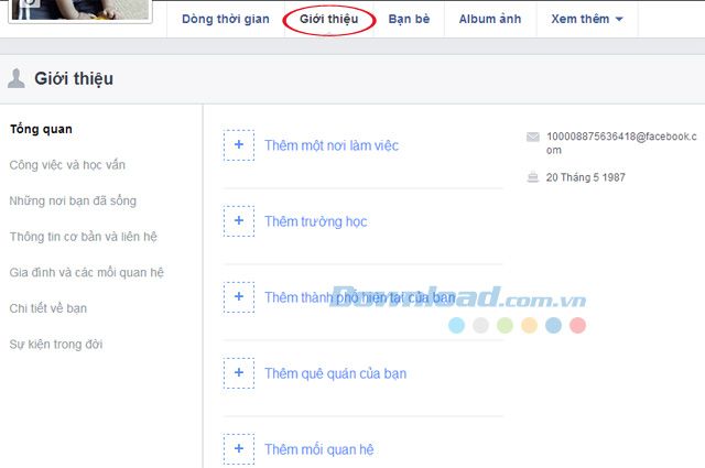 Điền thông tin giới thiệu trên Facebook để dễ dàng tìm kiếm bạn bè.