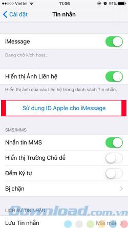 Bật tính năng iMessage