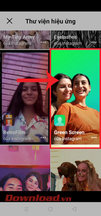 Nhấn vào hiệu ứng Green Screen