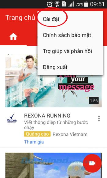 Cấu hình trên ứng dụng YouTube cho Android