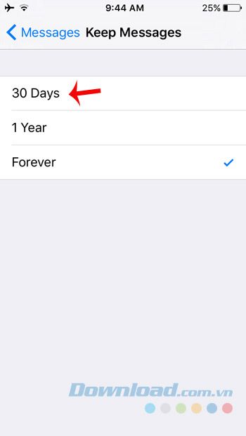 Lựa chọn thời gian lưu giữ tin nhắn