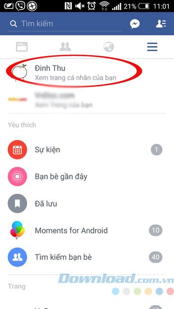 Nhấn vào menu Facebook trên Android