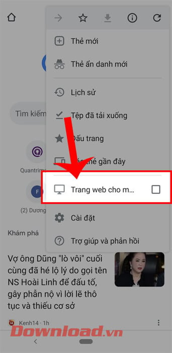 Đánh dấu tích vào ô Trang web cho máy tính