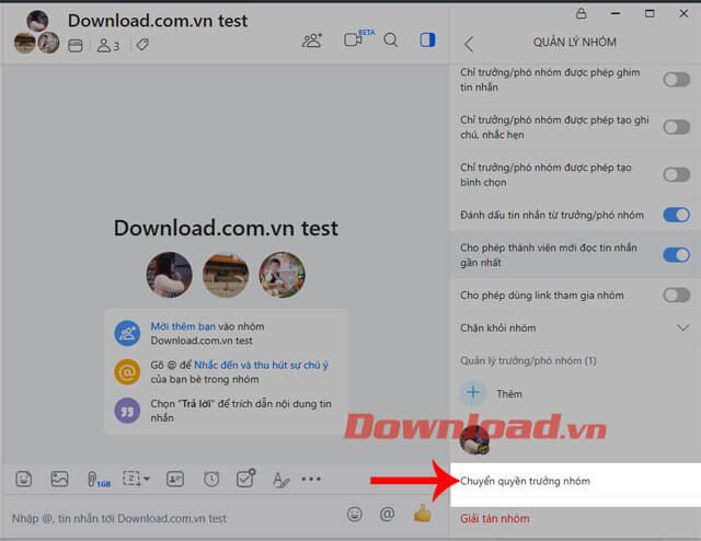 Nhấn vào Chuyển quyền trưởng nhóm