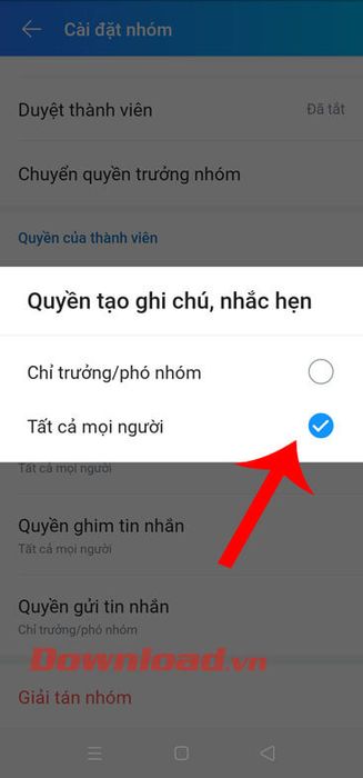 thiết đặt quyền gửi tin nhắn trong nhóm